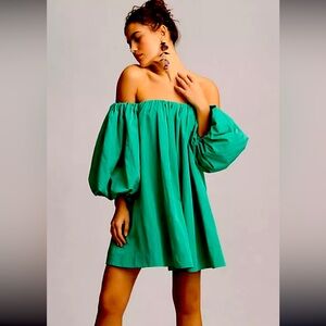 New Mare Mare Puff-Sleeve Off-The-Shoulder Green Mini Dress Anthropologie